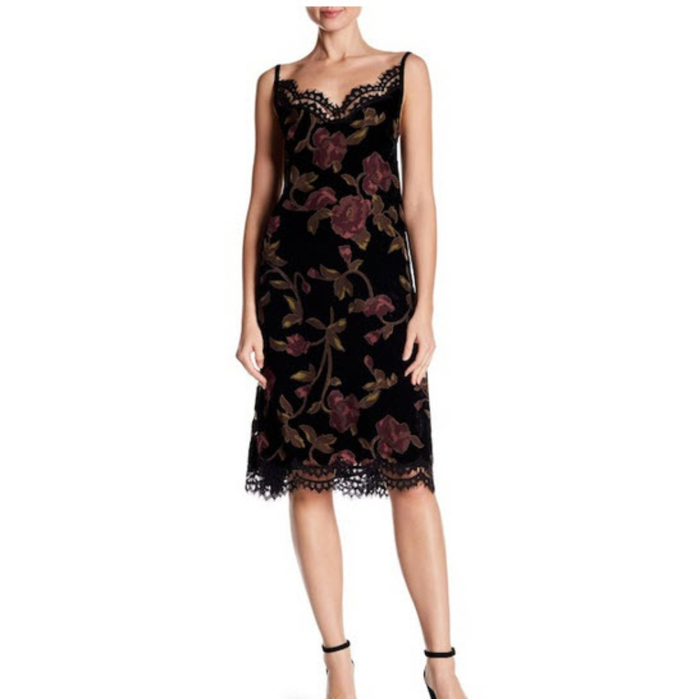 Max Studio Spaghetti Strap Lace Trim Floral Dress